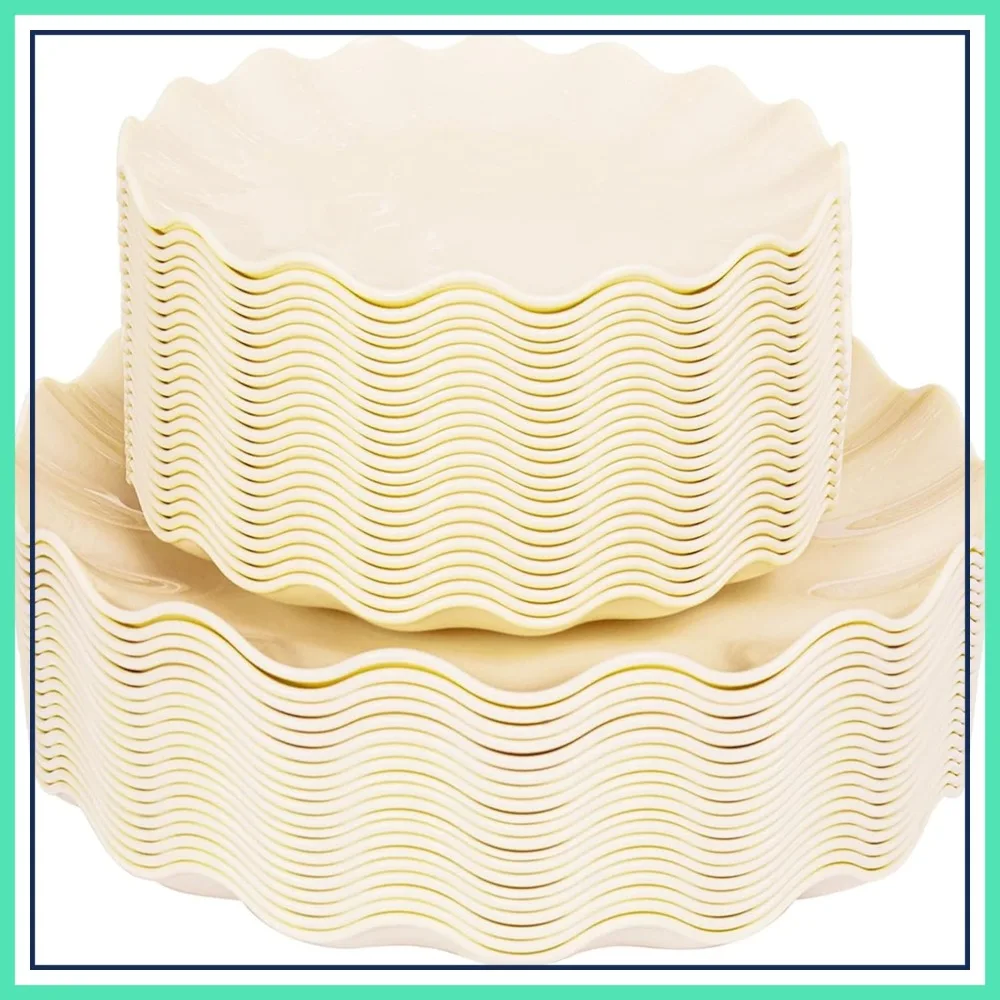 

50 Pcs Beige Scalloped Plastic Plates Reusable Unbreakable Dishwasher Safe Ivory Plate Sets for Parties Birthday Picnics BPA Free