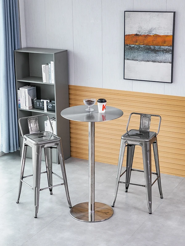 Industrial style stainless steel bar chair, bar iron metal high stool, outdoor simple solid wood bar stool backrest