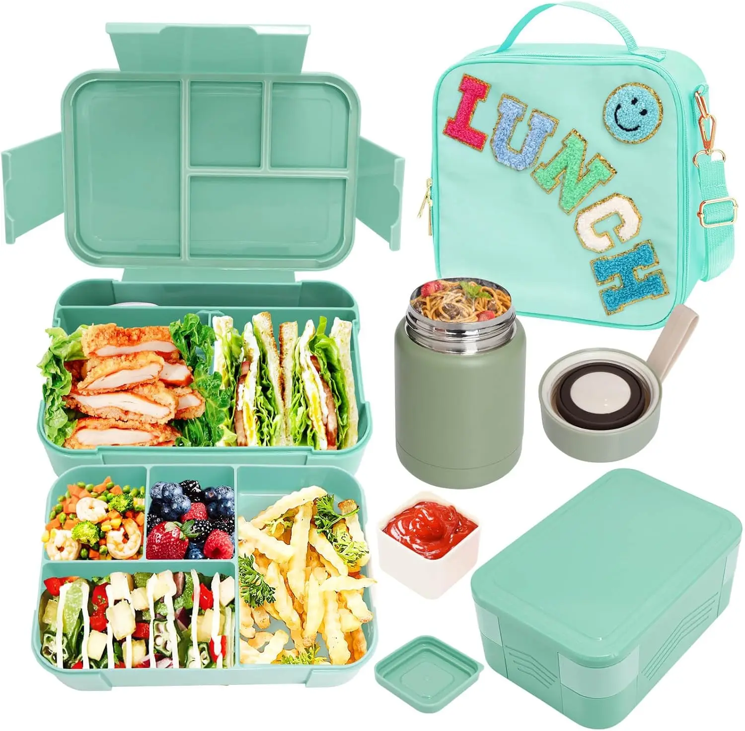 Girl Lunch Bag with 6 Compartment Bento Box with 10oz Thermo- Preppy Green Nylon Insulated Lunch Box Adjustable Strap, Birthday