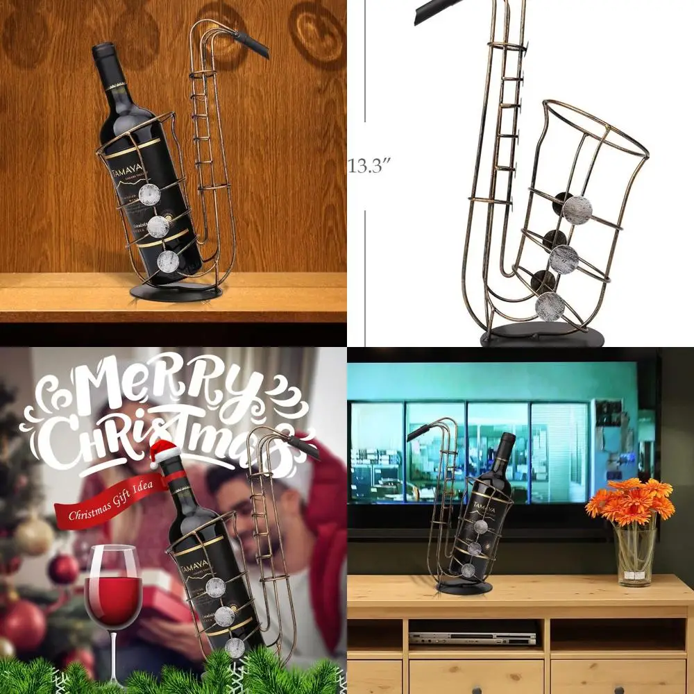 

Freestanding Saxophone-Style Wine Racks, Unique Metal Bottle Holders, Collectible Wine Lover Figurines, and Decorative Home Bar