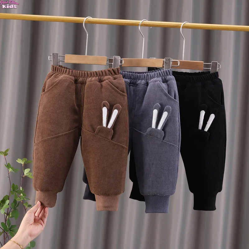 

Toddler Kids Clothes 1-6Y Pants for Boys Cotton Three Layer Thickened Pants Rabbit Ear Pocket Design Warm Winter Kids Girls Wear