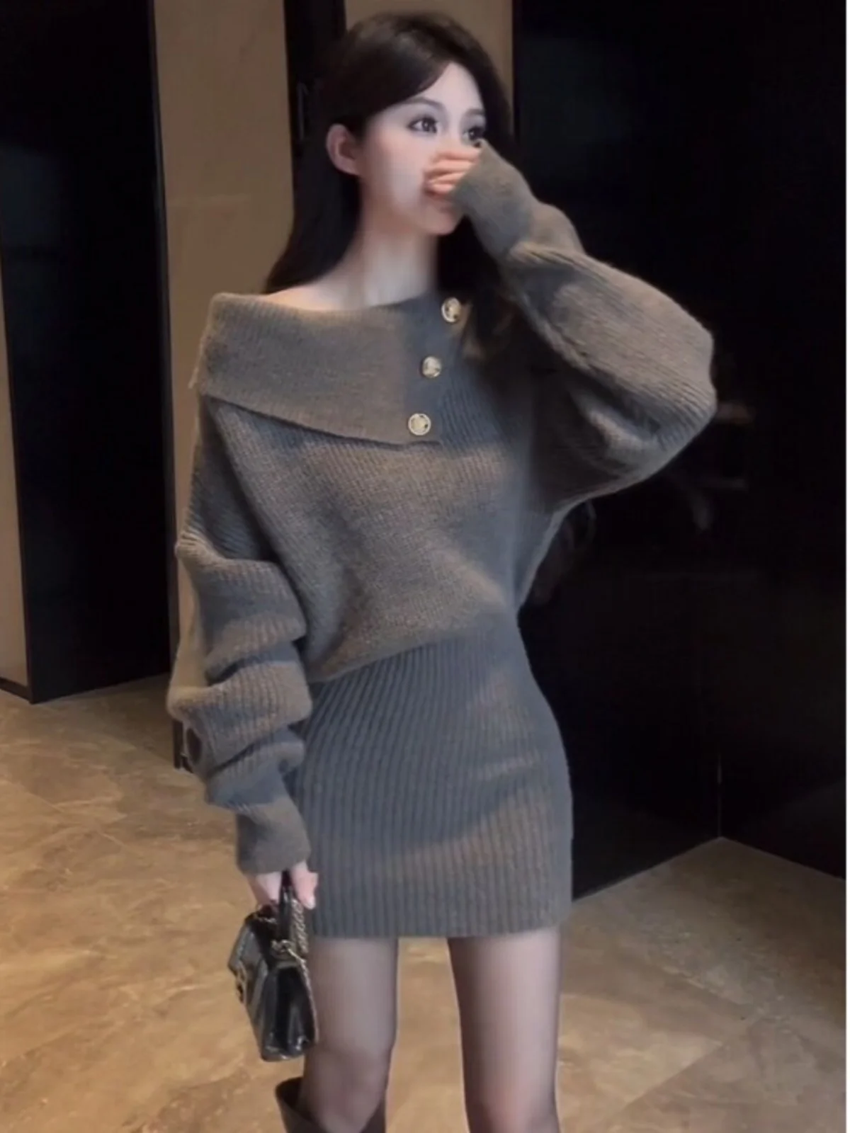 

Spring Autumn Knitted Dr Women's Slim Fit Sweater Dr oulder Exposure Body ape owcasing Small Size Wrap around Skirt