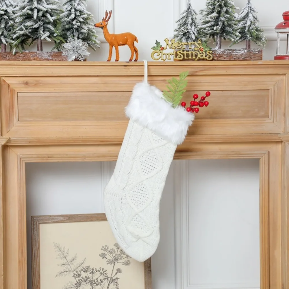 With Fluff Knitted Christmas Stocking Large Size 18 Inches Christmas Gift Bag Solid Color Christmas Tree Ornaments Fireplace