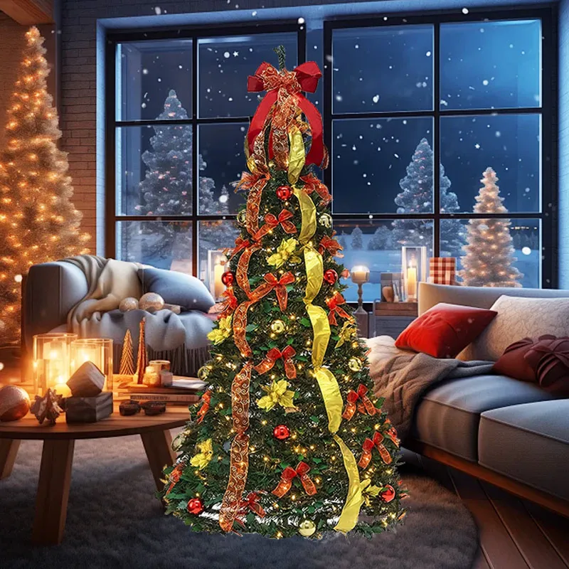 

180cm Foldable Christmas Trees Collapsible Pre-Decorated Pop-Up Christmas Tree with 150 Lights Home Xmas Decoration