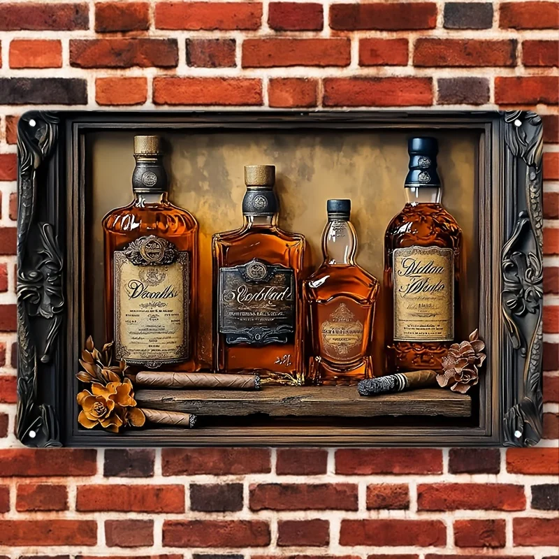 1pc Contemporary Aluminum Whiskey & Cigar Metal Wall Art, Multipurpose 2D Decor for Home, Bar, Farmhouse, Wall Hanging Design