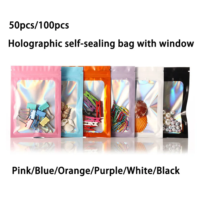 Sacs à fermeture éclair holographiques en plastique irisé, 50/100 pièces, pour manucure, affichage des cils, boucles d'oreilles, bagues, sacs de rangement de bijoux