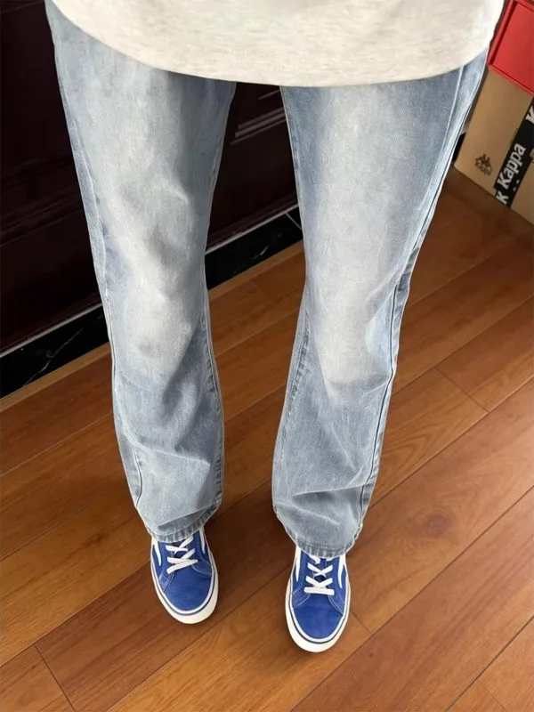 

Light Blue Straight Leg Men's Jeans Spring Cleanfit Knife Flared Pants American High Street Rise Trousers Casual Denim