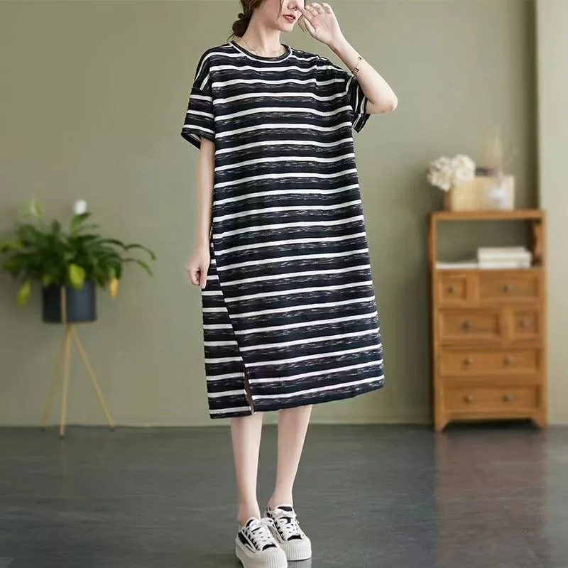 Literary and Artistic Revival Streak New Summer Wear Large Size Loose Meat Cover Look Slimmer Mid-length Style Straight Skirt