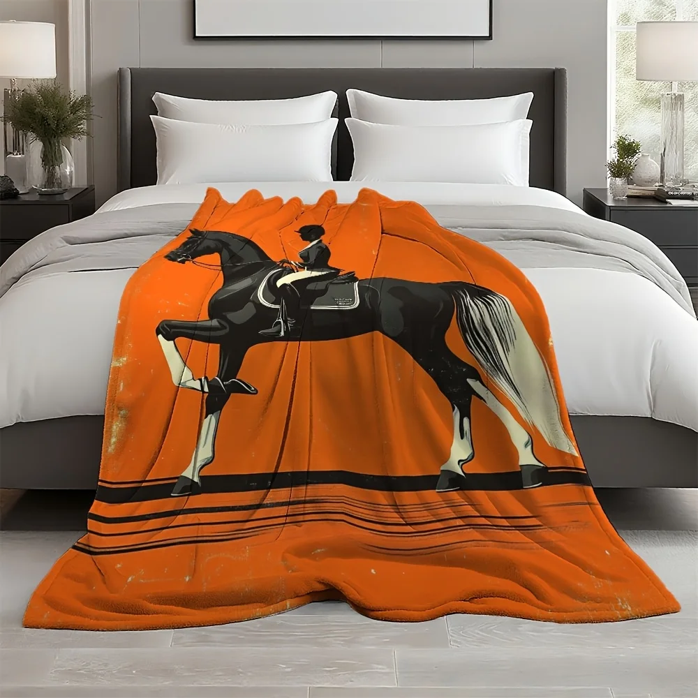 Orange Horse Print Throw Blanket for Sofa Couch Decoration Equestrian Animal Lover Cozy Living Room Lap Blanket Decor Gift - view 4