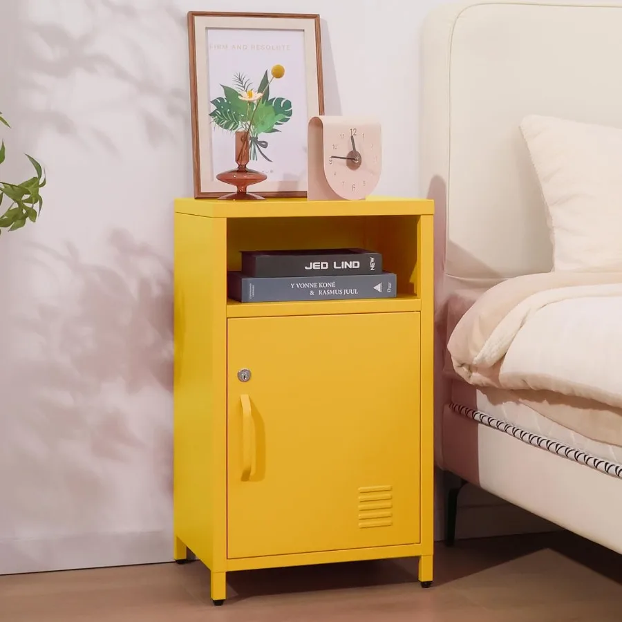 Metal Nightstand with Lockable Cabinet