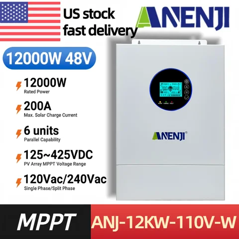 ANENJI NEW Split Phase 12KW 48V 120/240VAC Hybrid Solar Inverter Pure Sine Wave Parallel Inverter built-in 2 MPPT 200A Solar Charger