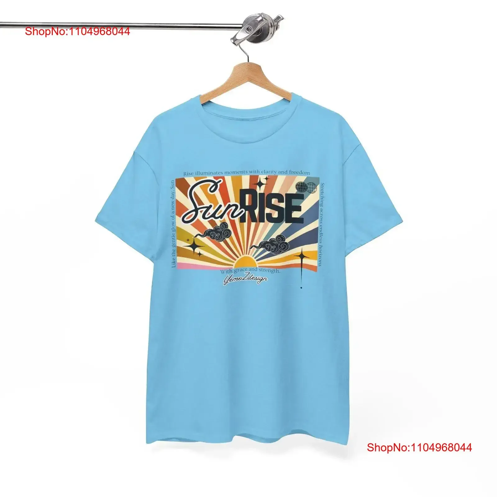 T-shirt en coton épais Sunrise, avec couleurs de rayons du soleil, nuages, poème, Design Yemozdesign, inspirant, amoureux de la Nature, vintage lavé