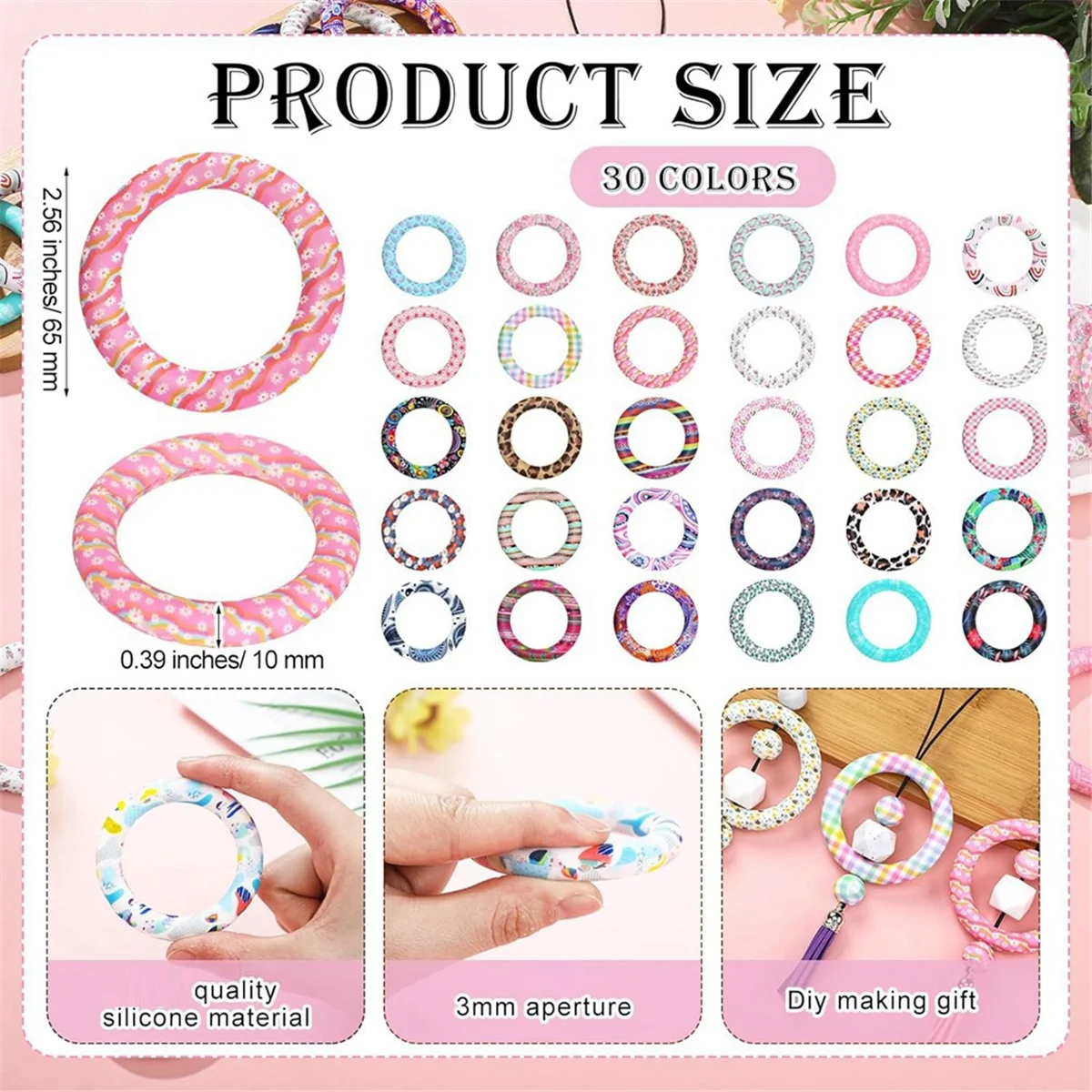 

PA-30 Sets Silicone Beaded Ring Making Kit 65mm Round Silicone Bead Rings and Keychain Tassels Bulk for DIY