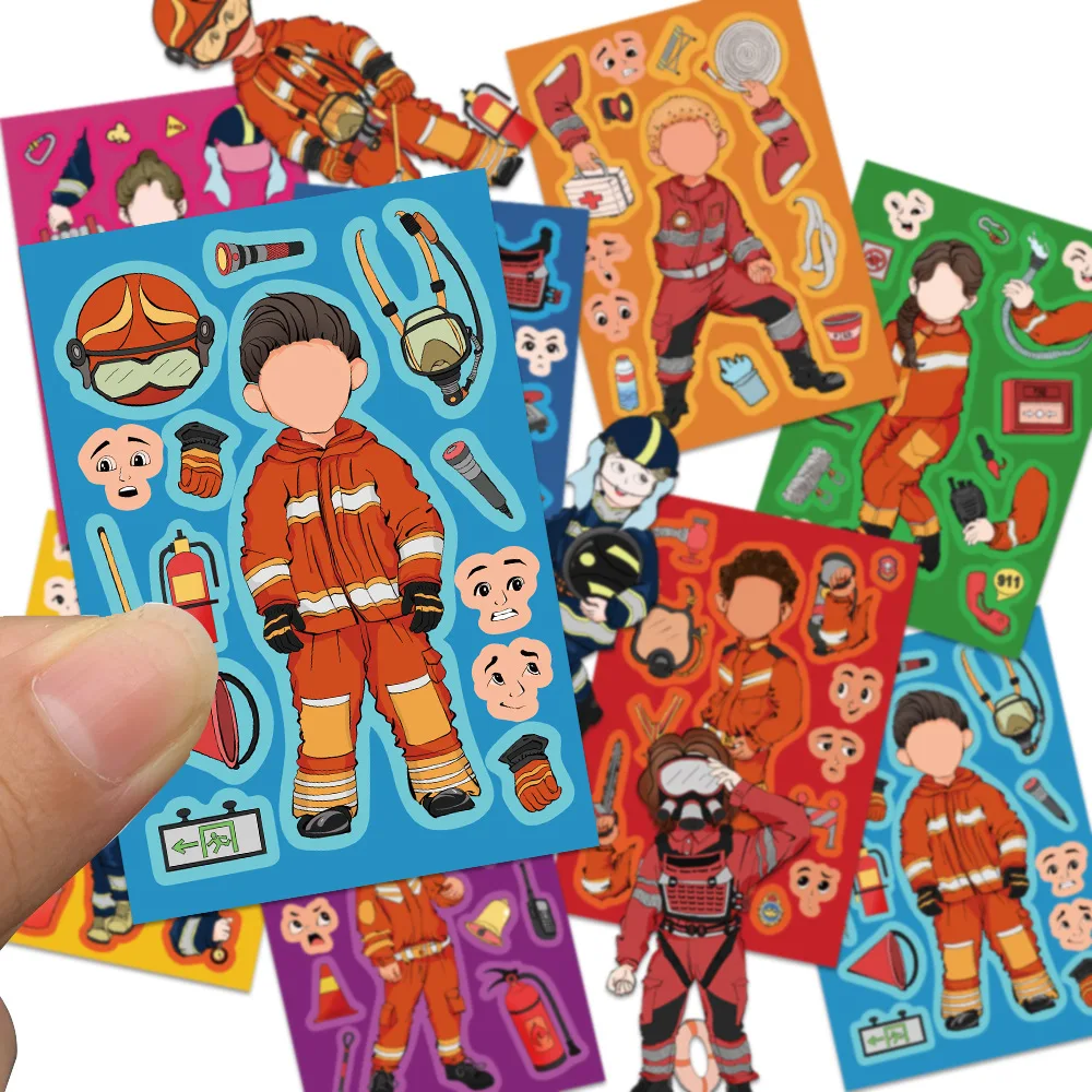 8/16Sheets Cartoon Firefighter Make a Face Puzzle Stickers Kids Toy Jigsaw Assemble Funny Decals DIY Game Party Gifts Decoration