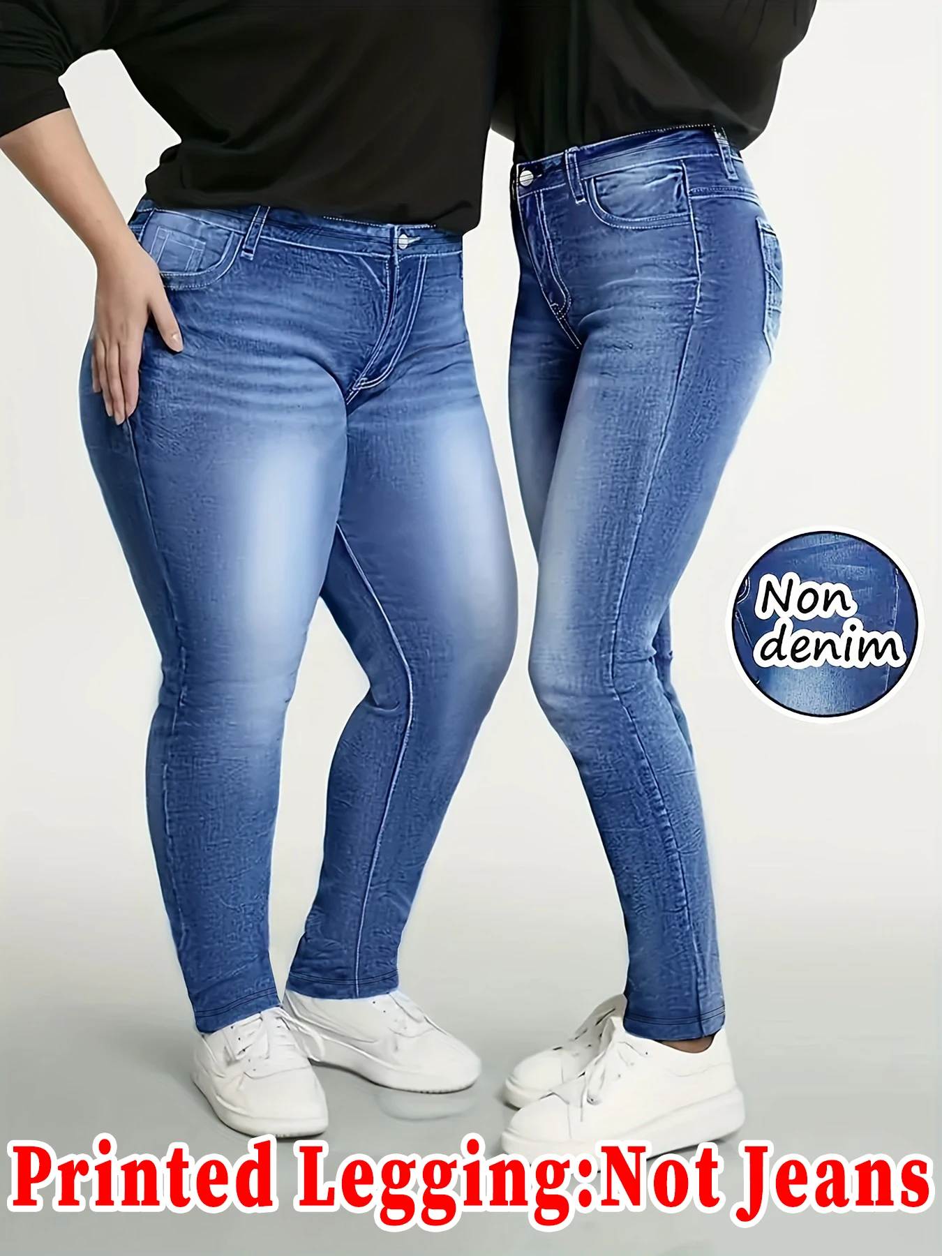 

Fashionable women's faux denim printed skinny pants, high-elastic seamless leggings with fake pockets for casual and sports wear