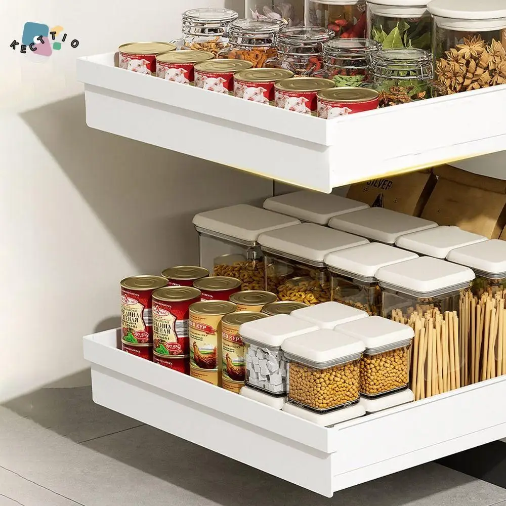 

Pull-out Kitchen Storage Rack Anti-slip Large Capacity Drawer Type Storage Tray Plastic with Slide Rails Cabinets Organizer