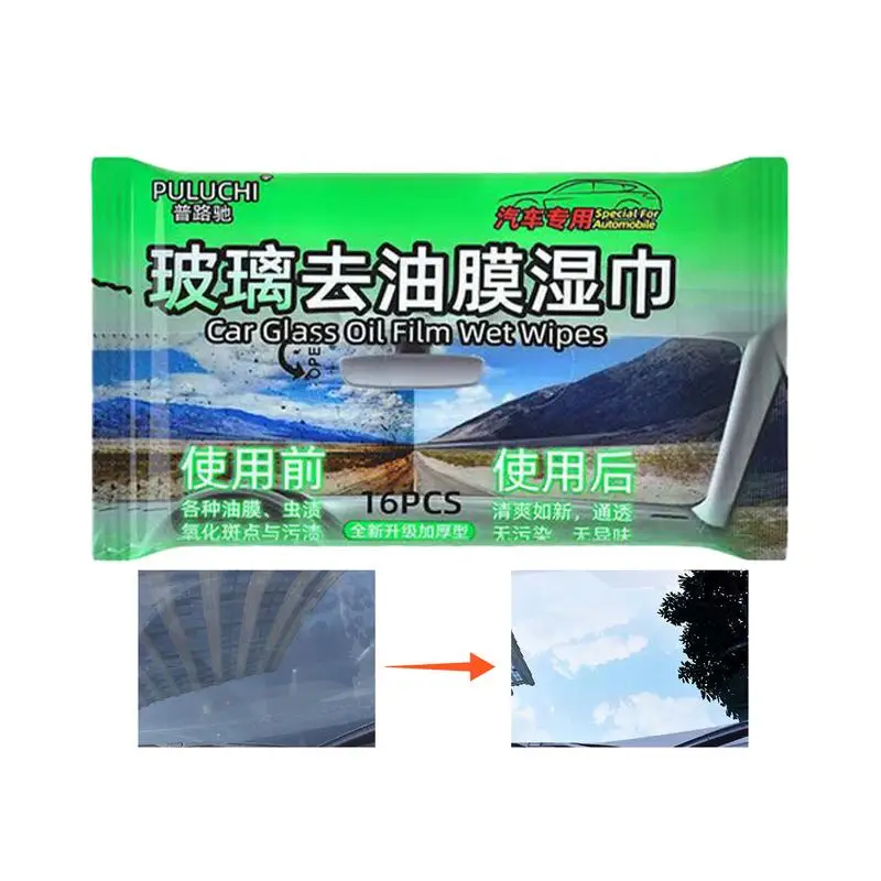 Car Windshield Cleaner 16PCS Multipurpose Oil Film Removal Wipes Auto Window Glass Cleaning Wipes for Dirt Adhesive Water Stains