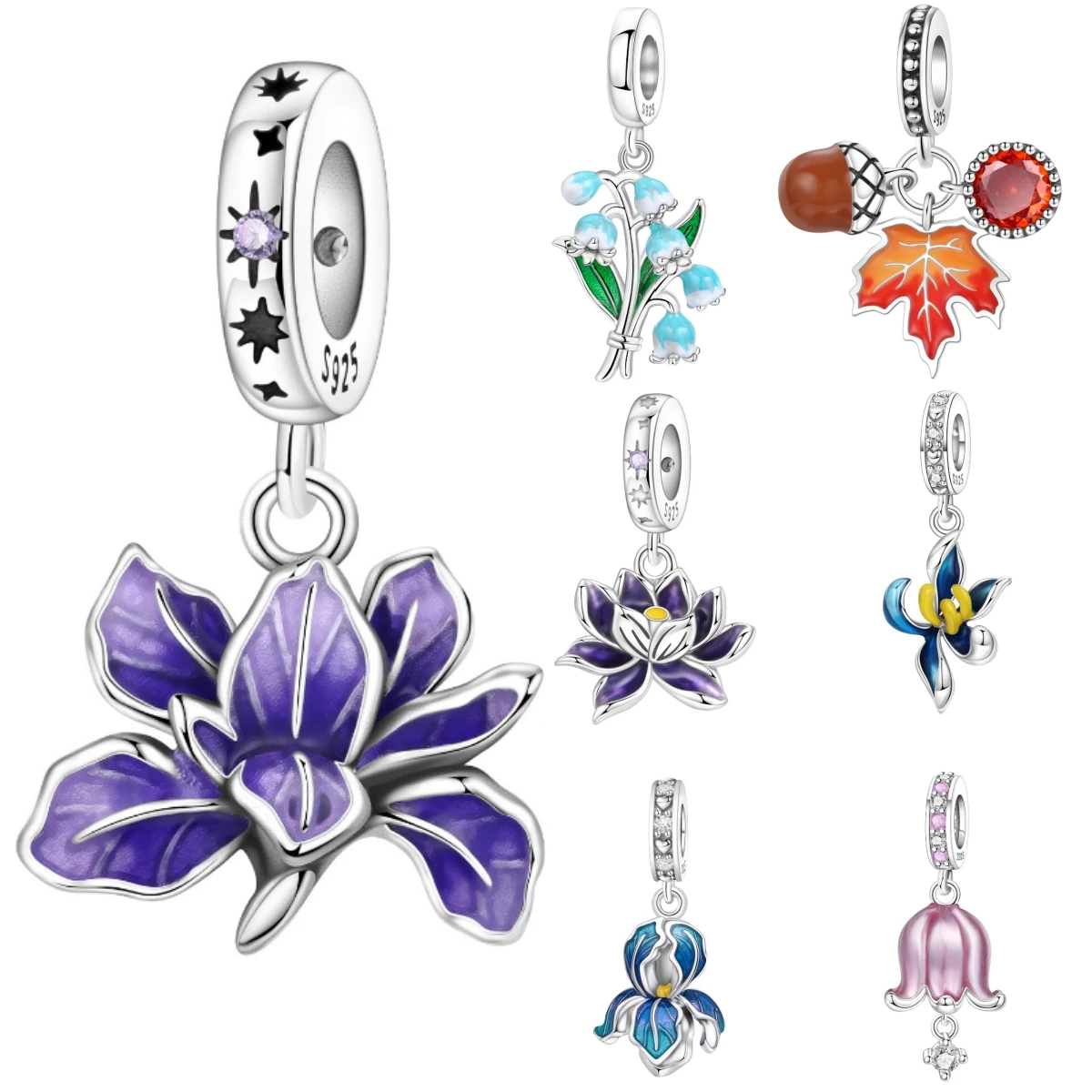 PANPOKI 925 Sterling Silver Purple Iris Flower Pendants Original Bracelet Charms Jewelry Party Beads DIY Trendy Gifts