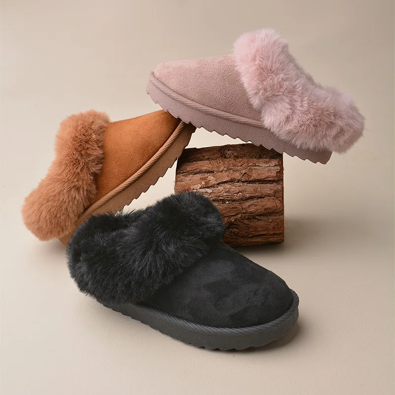 Plush Solid Boys Girls Slippers Faux Fur PU Soft Children Slippers House Warm Thick Non Slip Kids Winter Shoes