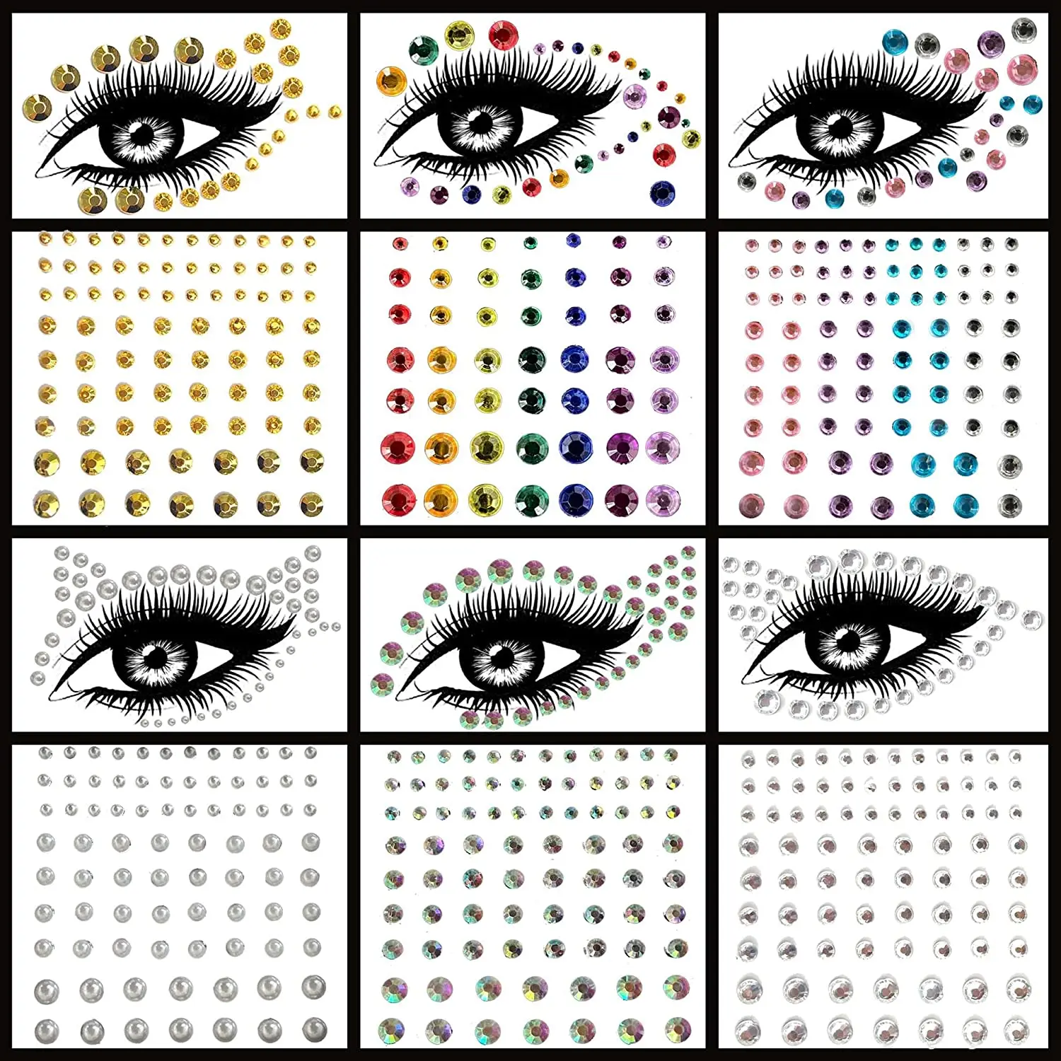 

6 Sheets Bindi Dots Face Jewels For Women Gems Stick On Eye Crystals Sticker Tears Rainbow Pearl Rhinestone For Nail Art Decor