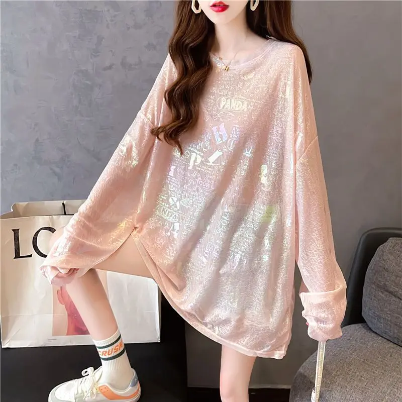 Korean Preppy Style Summer Women\'s O-Neck Printing Sequined Casual Loose Long Sleeve Mid-length Sunscreen Clothing T-Shirts Tops