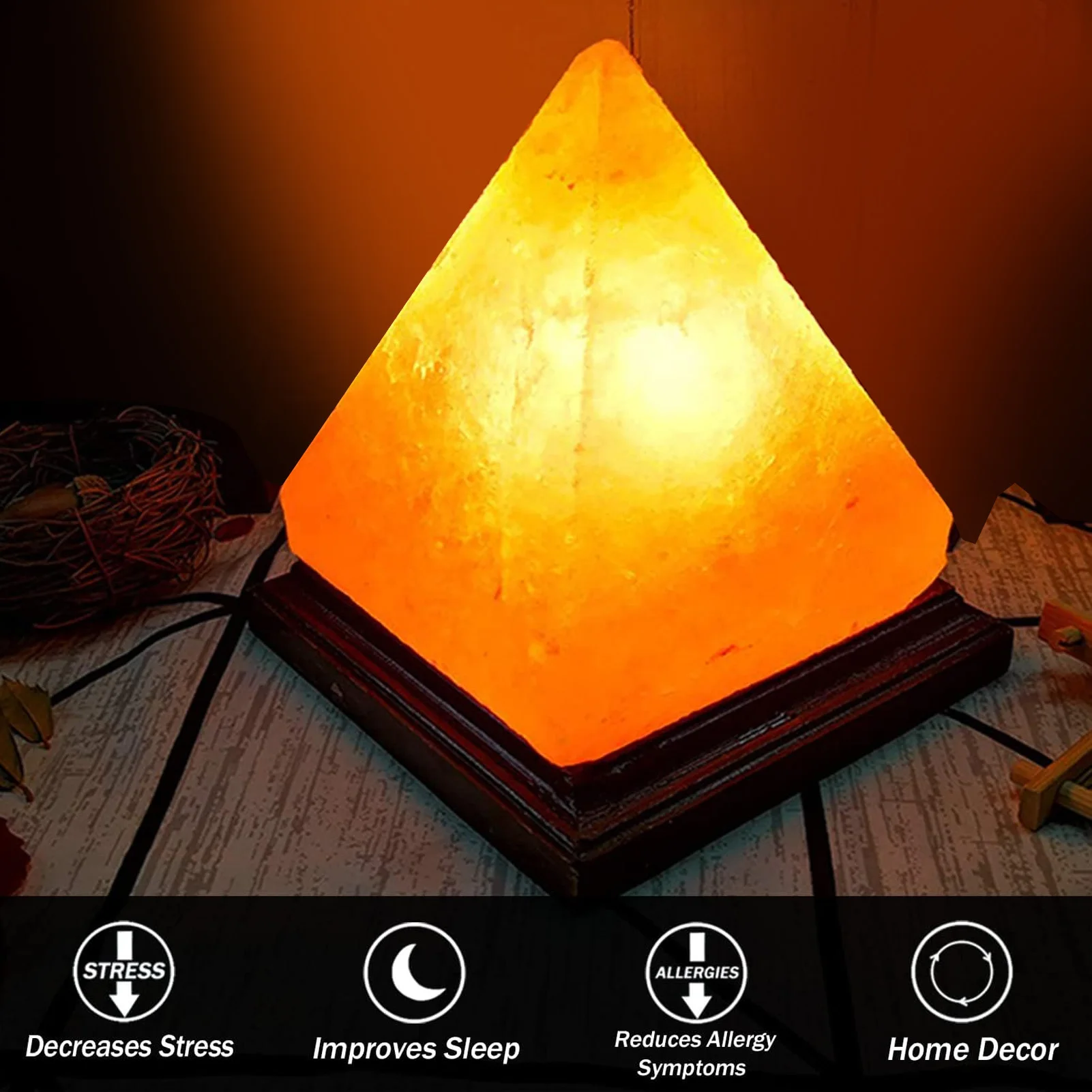 

F2 Himalayan Salt Lamp USB RGB 7 Colors Changing Hand Carved with Wood Base Pyramid Crystal Salt Rock Lamp for Home Decoration