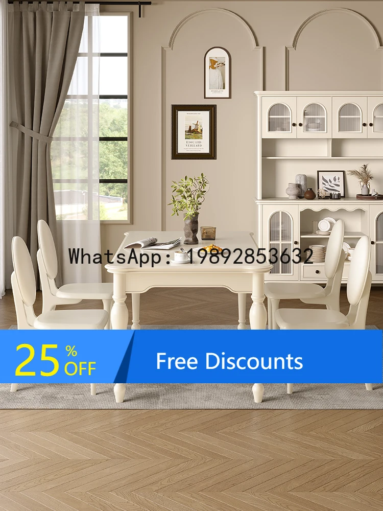 YFY White Solid Wood Long Dining Table American Light Luxury Rectangular Dining Table and Chair Set for Home French Style