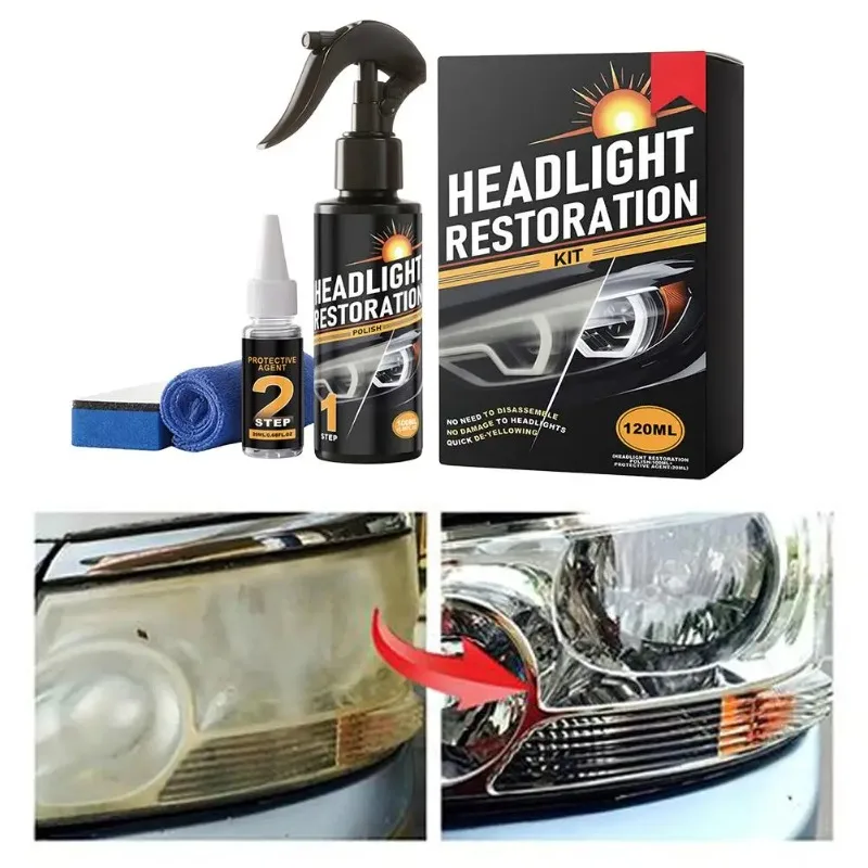 Headlight Restoration Kit, 2-Step Auto Headlight Polish Cleaner for Yellowed Oxidized Headlights Repair, UV Protective Film,