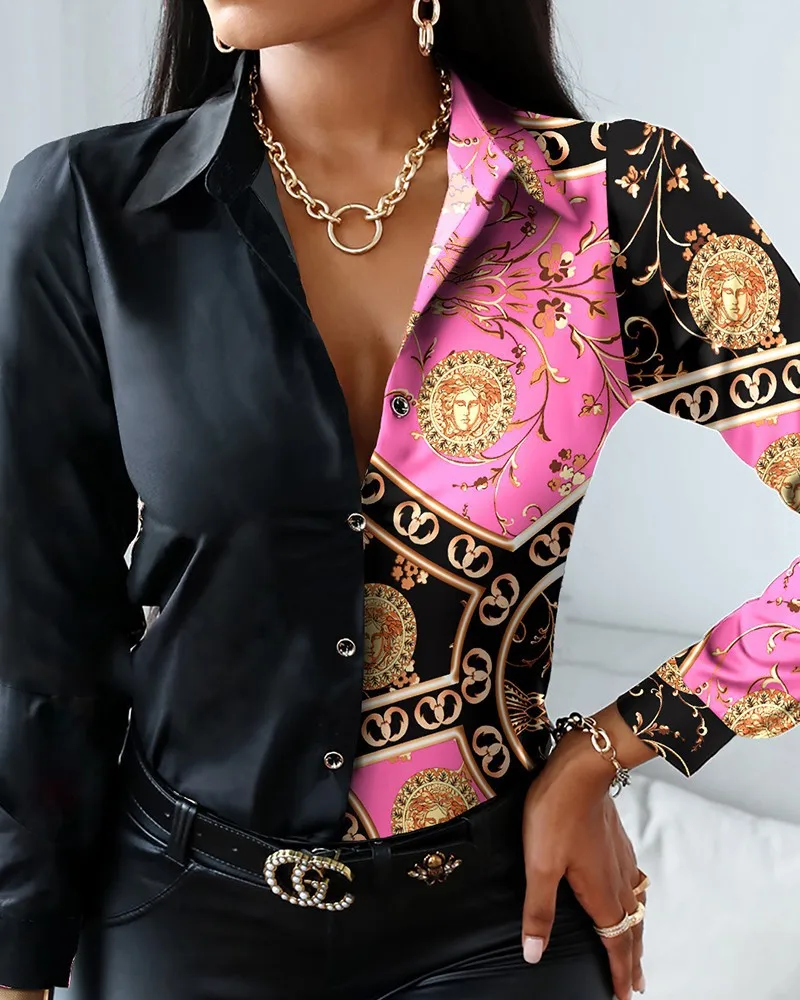 Women Fashion Wild Shirts Chain/Floral/Letter/Geometric Square Print Turn-Down Collar Long Sleeve Blouses