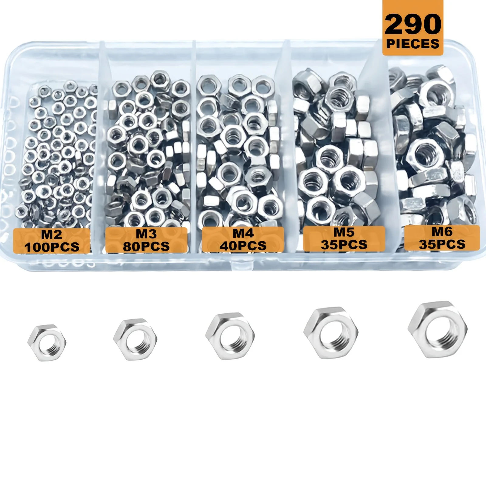 

290 Pcs M2-M6 Nickel-Plated Hexagonal Bolts & Nuts, Suitable for Automobiles, Trucks, Bicycles and Construction Machinery