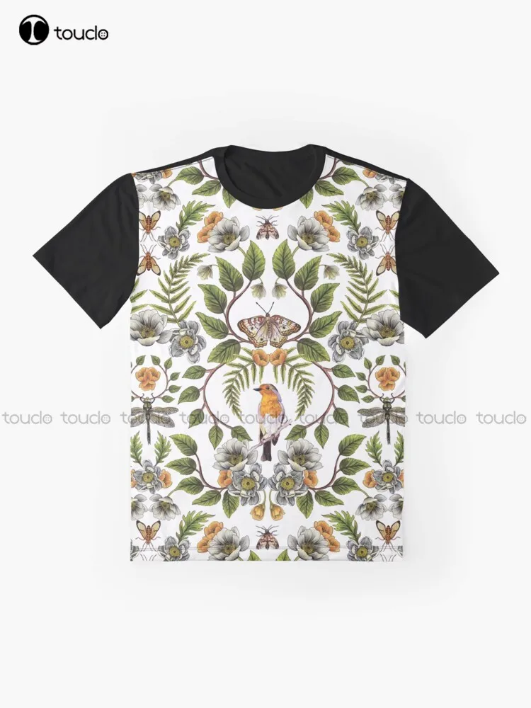 Spring Reflection - Floral/Botanical Pattern W/ Birds, Moths, Dragonflies & Flowers Graphic T-Shirt Digital Printing Tee Shirts