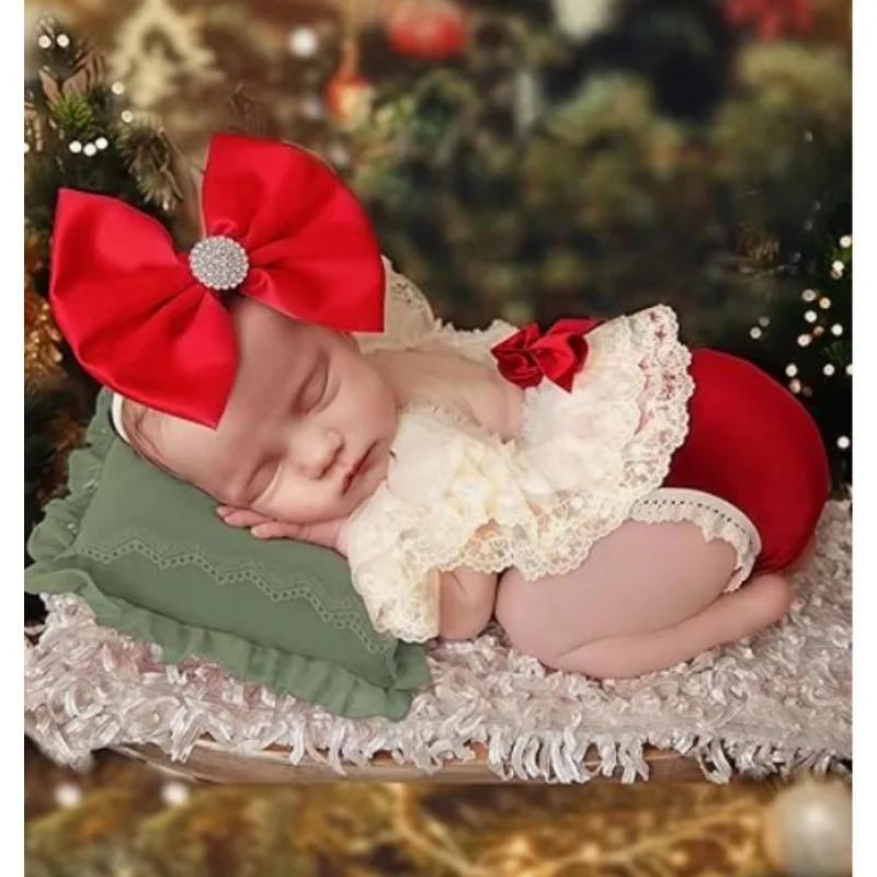 Newborn Christmas Photography Props Girl Outfit Newborn Girls Clothes Santa Claus Headress Romper Ropa De Bebe Niña  크리스마스 아기의상