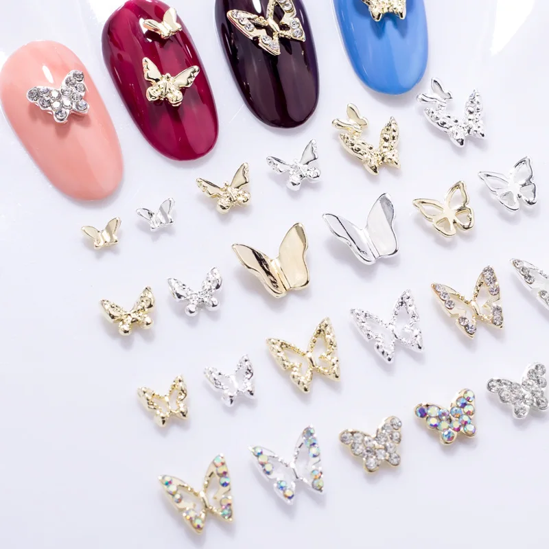 10PCS/PACK Alloy Nail Butterfly 3D Nail Art Decoration Mini Crystal Strass Decor Butterfly Charms Gems Manicure Nail Art Jewelry