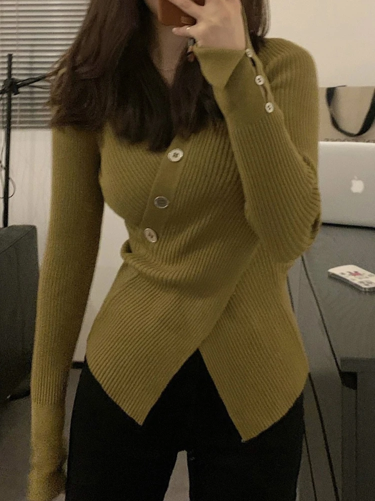 Women's Sweater Pullovers Spring and Autumn Solid Color Long Sleeve Slim-fit Split Hem Pullover Knitwear Base Layer Top