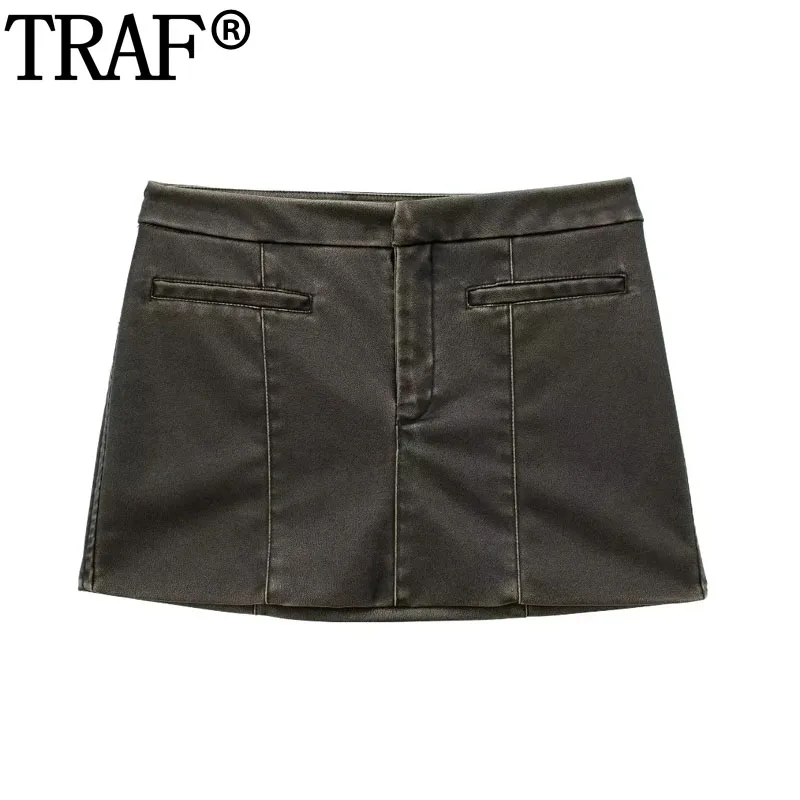 

TRAF Faux Leather Skirt Womens 2023 Mid Waist Mini Skirts For Women Y2k Pockets Short Skirt Woman Fashion Autumn Women's Skirts