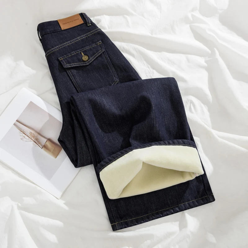 واسعة الساقين الصوف الجينز النساء الشتاء فضفاض المخملية سراويل تقليدية مريحة الدافئة مستقيم جيب الموضة أفخم سراويل جينز