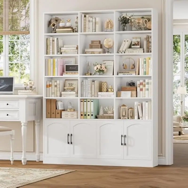 Triple Wide Tall Bookshelf 82.3 Inches High with 19 Deep Shelves and 4 Magnetic-Closure Doors for Living Room Library or Home Of