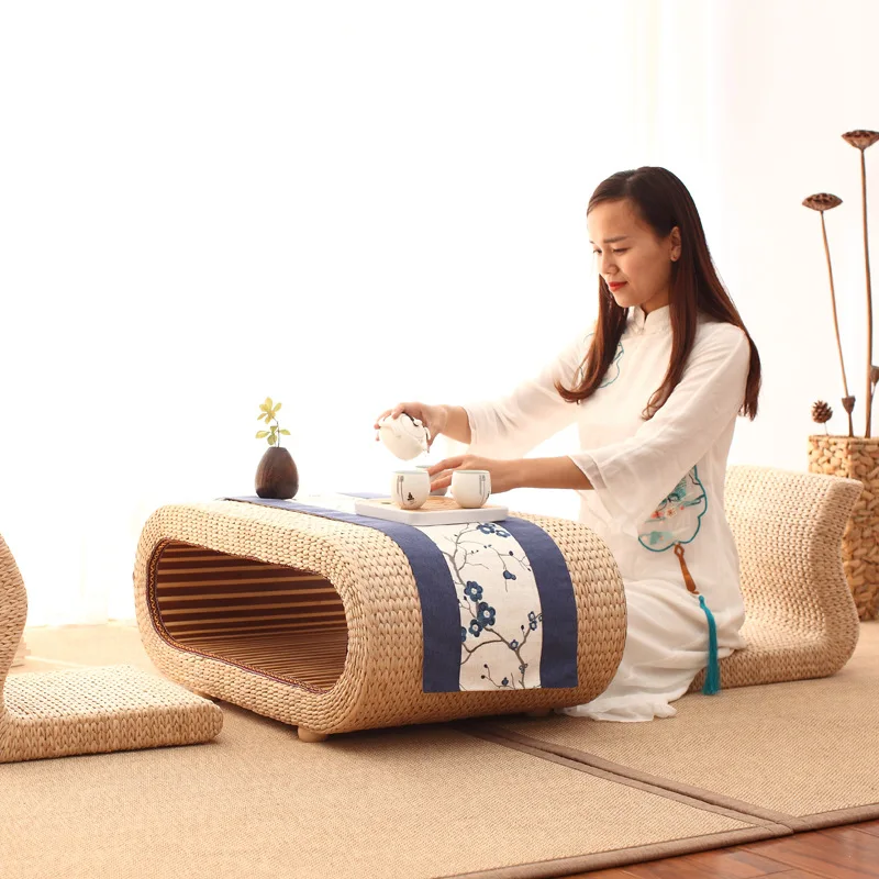 Japanese Coffee Table Handmade Rattan  Oval Solid Wood Floor Living Room Furniture Tea Table Pastoral Straw Bay Window Table