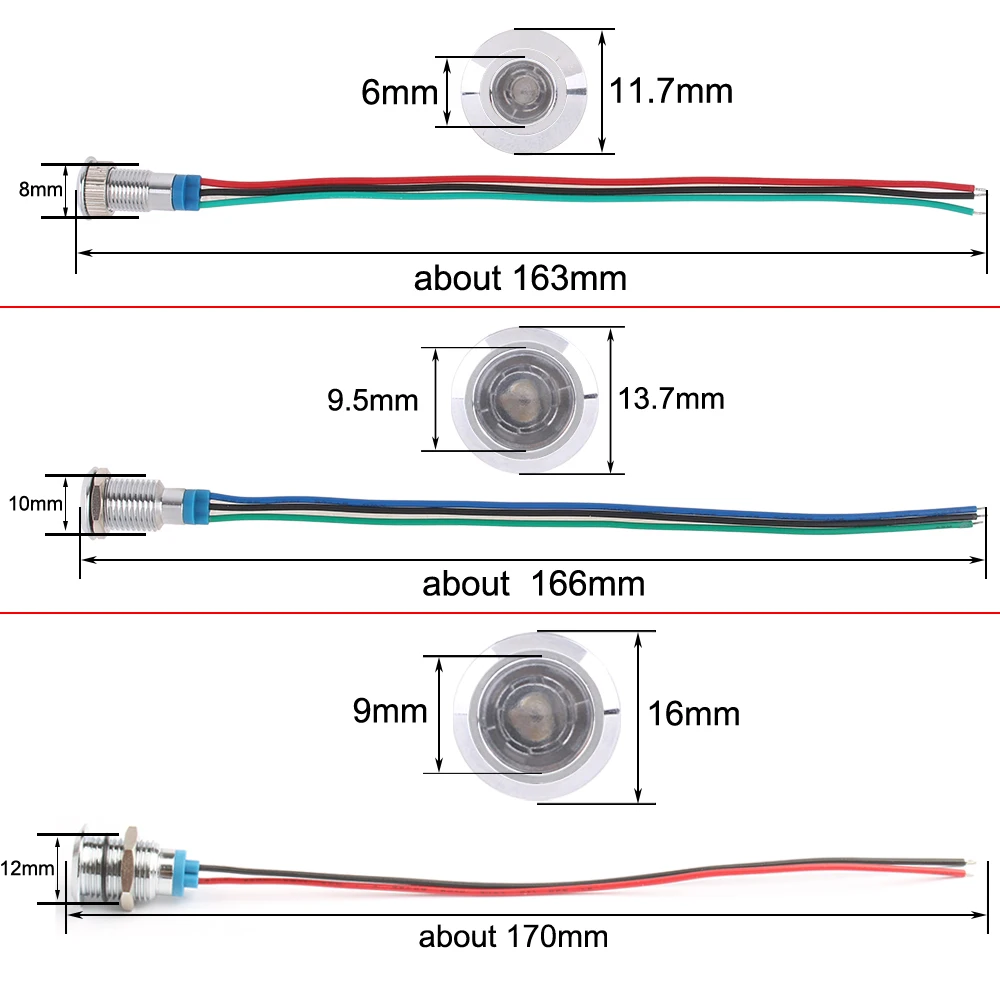  LED Metal Indicator Light 8mm Waterproof Signal Lamp Dot With Wire Red Yellow Blue Green Two-color Indicator DC 24