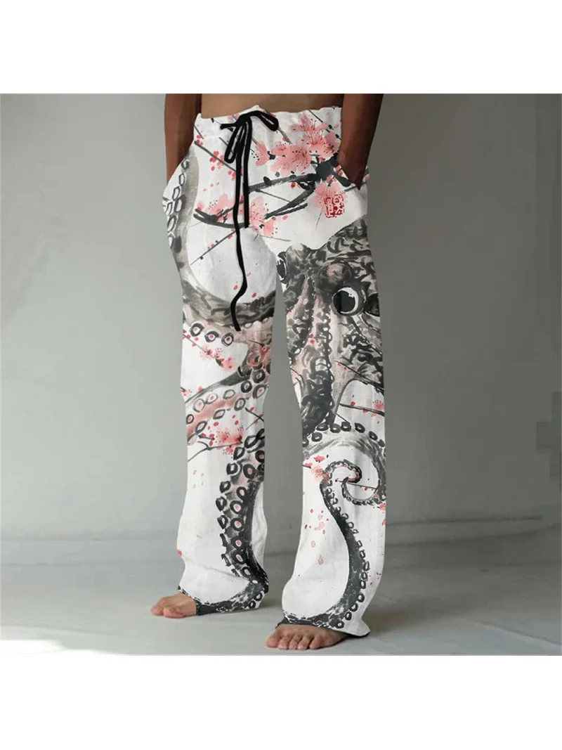 Handsome and minimalist octopus pattern printed men's casual pants comfortable linen pants straight leg pants loose daily casual