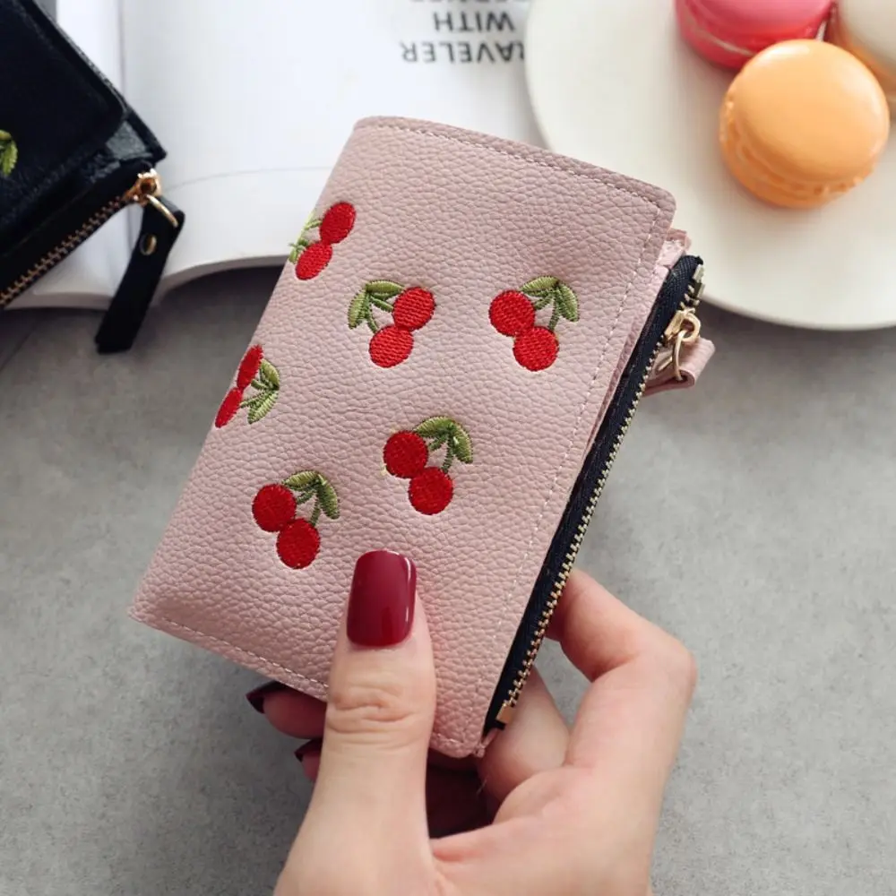 Elegant PU Leather Retro Cherry Wallets Card Bag Portable Short Clutch Bag Coin Purse Korean Style Zipper Change Bag Female