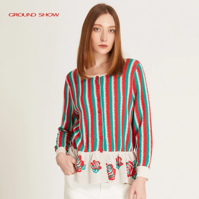 

Новинка 2025: Женский вязаный кардиган с вертикальными полосками и цветовыми блоками, из смесового хлопка, для повседневной носки