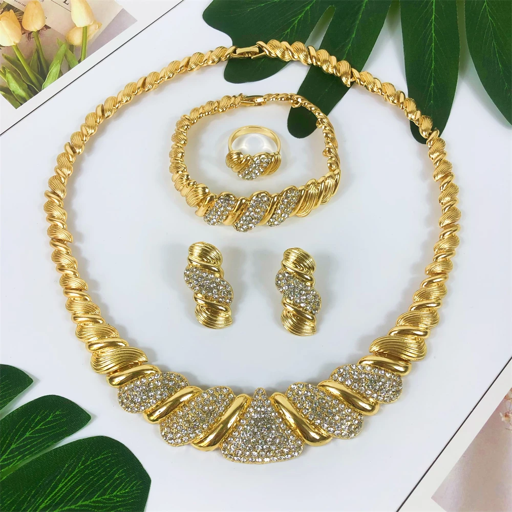 

ESALE Trendy Dubai Gold Plated Jewelry Set Italy Ladies Cubic Zirconia Necklace Women Bracelet Earrings African Wedding Jewelry