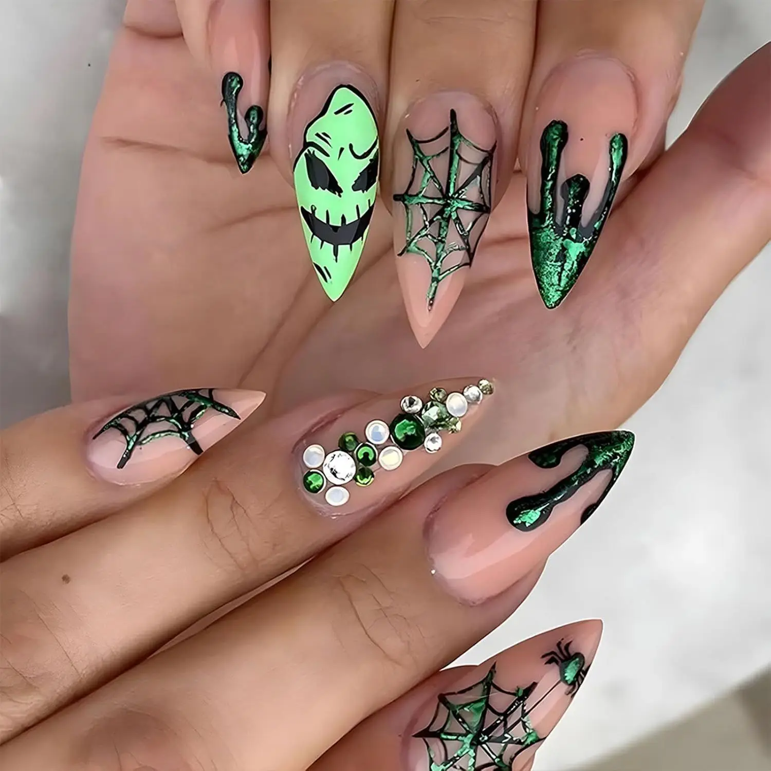 Handmade Halloween Wearable Nail Tips Green Spiderweb Design Diamond Sparkling Medium-Length False Nails for Party Use