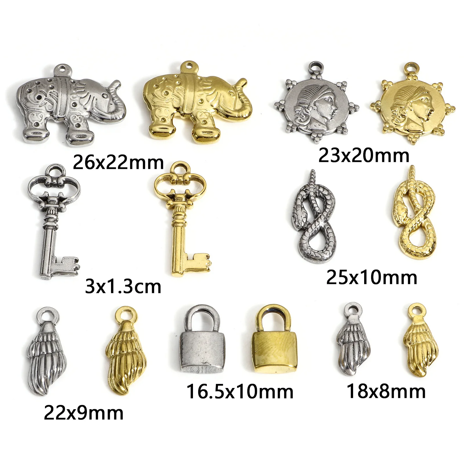 1PC 304 Stainless Steel Lock Key Charms Gloden Elephant Conch Snake Pendants For Jewelry Making Diy Necklace Earring Accessories