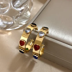 Flashbuy Trend Stainless Steel Love Heart Colored Zircon Earrings For Women Charm Hoop Ear Jewelry Teen Gift