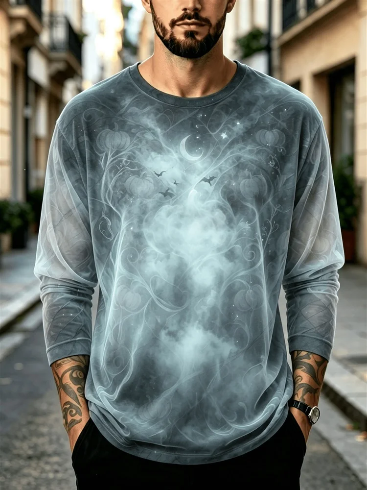 Men's Gothic Misty Forest Moon Long Sleeve T-Shirt Grey White Tree Graphic Tee Nature Landscape Pullover Tops Gift New 2026