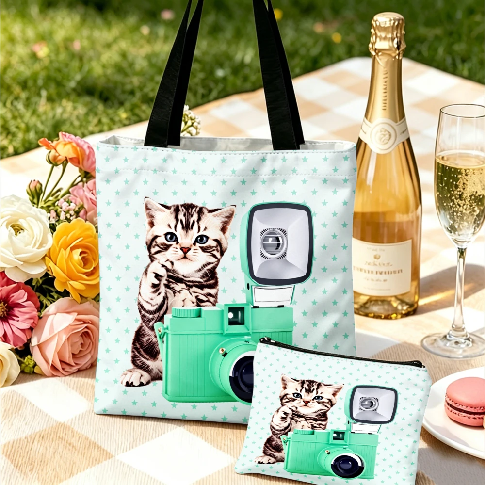 

Handbag Mint Green Kitten And Camera Pattern Tote Bags And Makeup Bag Combination For Women Shopping And Travel Portable Pouch