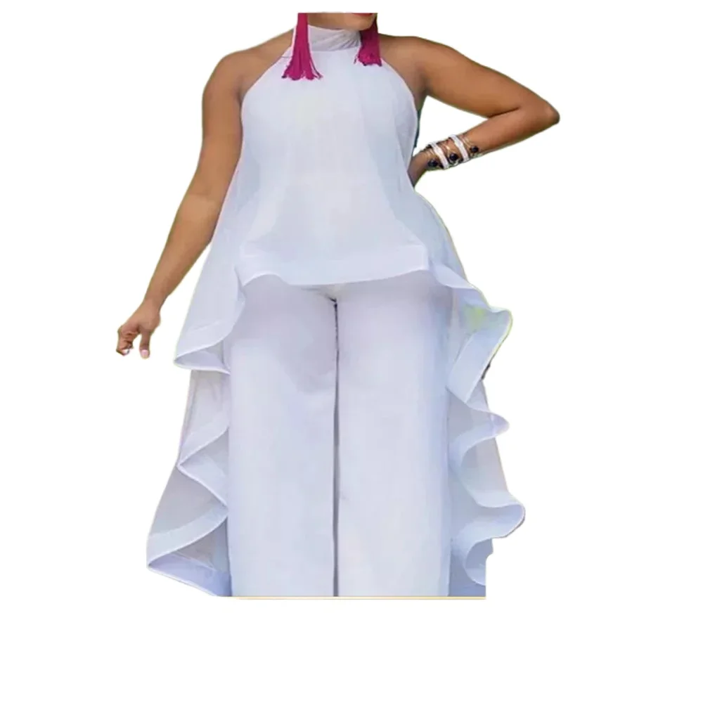 Customized Women Summer White Pant Sets Backless Long Chiffon Blouse Wide Leg Trousers Elegant Ladies Party Vacation Beach 2 Pie