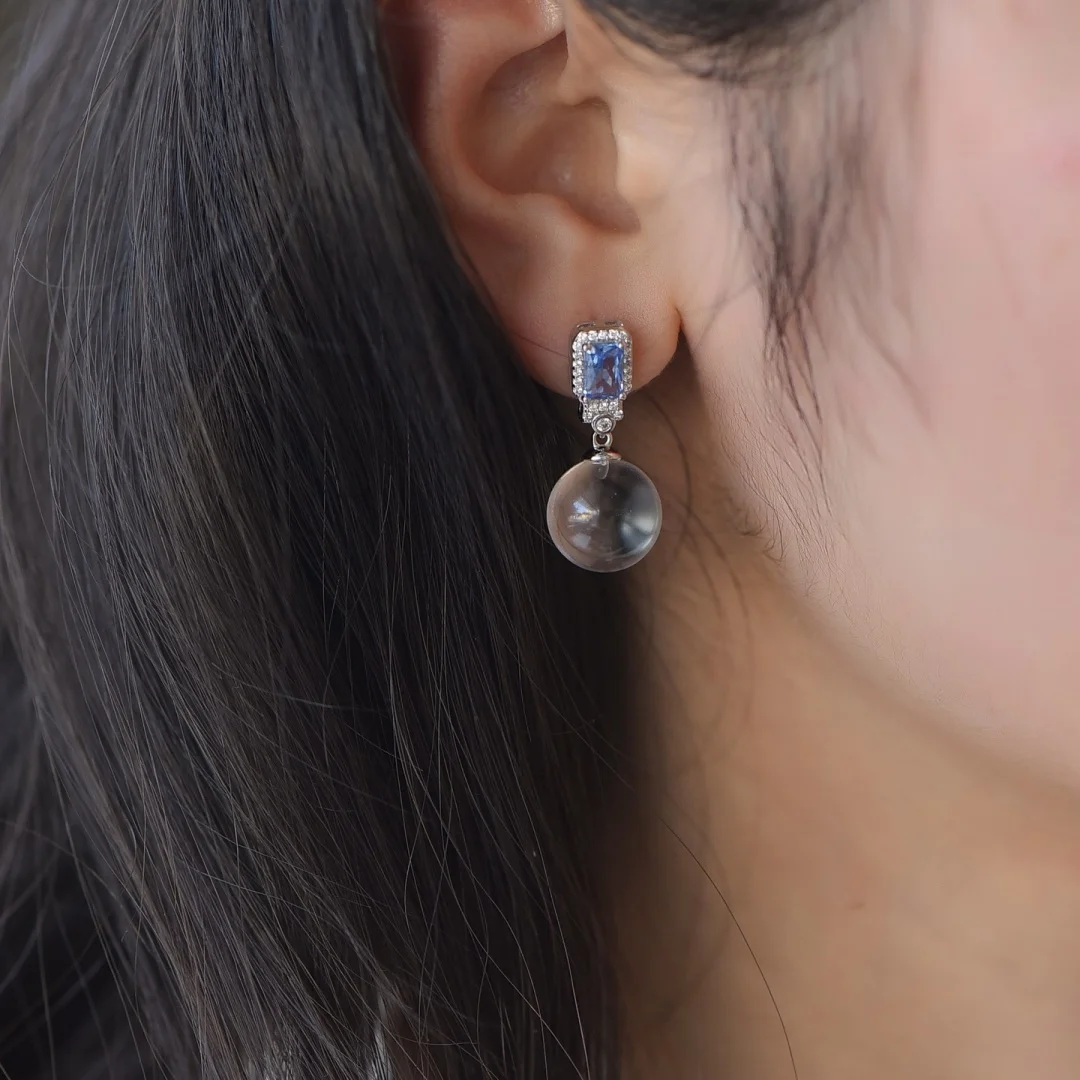 1 Pair Fengbaowu Natural Stone Rock Quartz Earring Sphere Ear Stud 925 Sterling Silver Crystal Fashion Jewelry Gift For Women